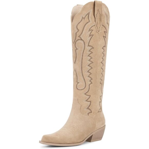 Women's Tan Floral Embroidered Pointed Toe Chunky Heel Classic Cowboy Boots - Picture 1 of 6